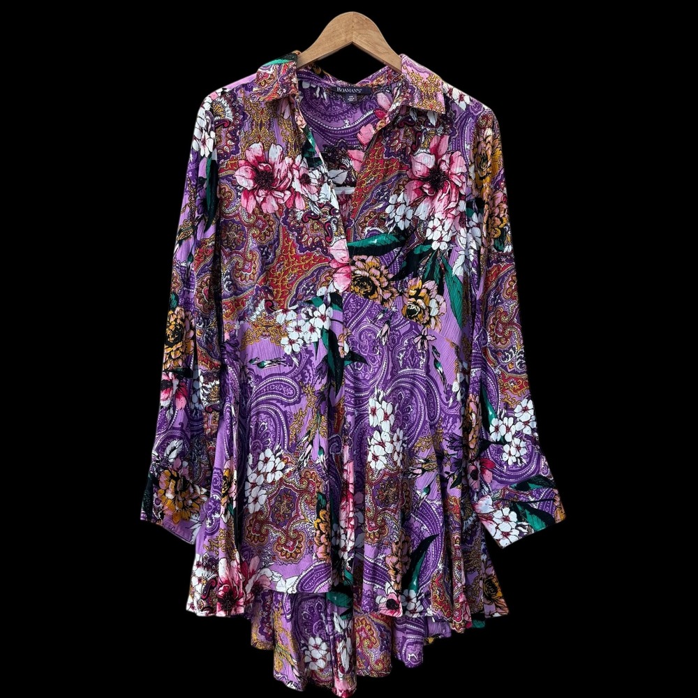 Roaman's Purple Floral Paisley Print High-Low Tunic Top Blouse Size‎ 16W #231